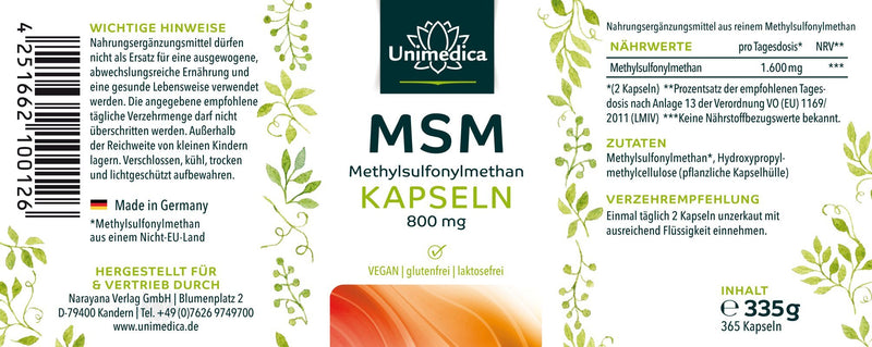 MSM - 800 mg hochdosiert - 365 Kapseln - von Unimedica